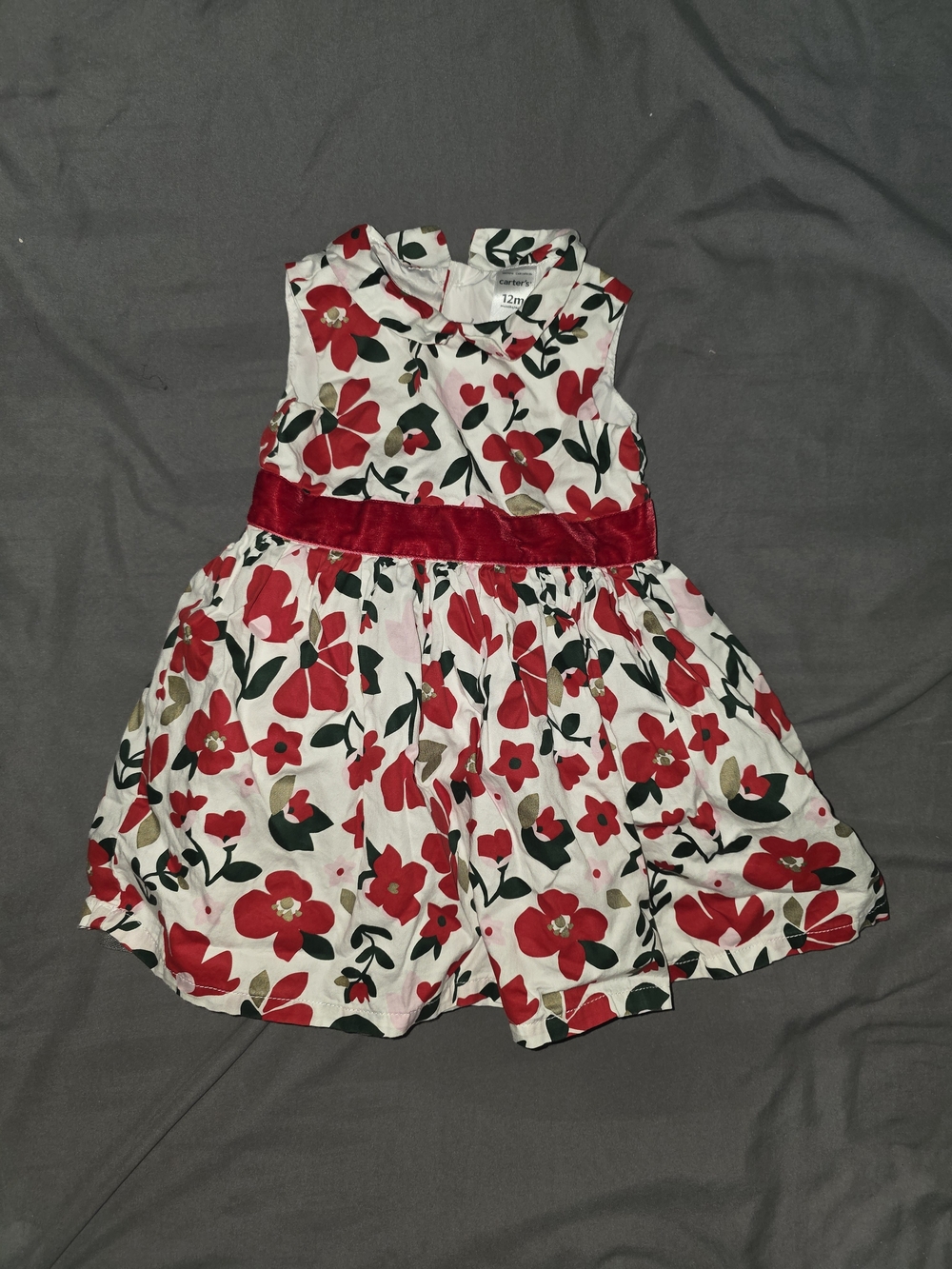Carter's White Dress with Red Floral Print and Red Velvet Waistband